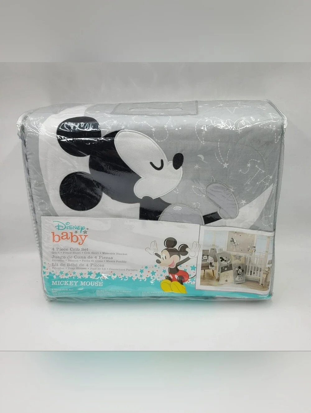 Disney Baby Mickey Mouse Gray/Yellow 4-Piece Crib Bedding Set NEW Lambs & Ivy